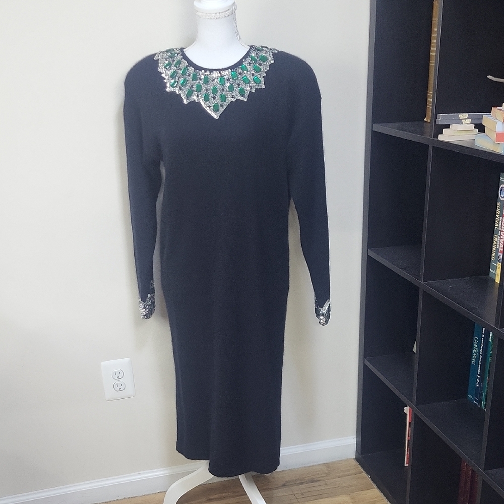 Vtg 80s 90s OUTLANDER Black Wool Angora Jewel Collar Cuff Sweater Dress